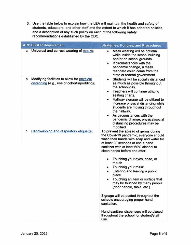 2021-2022 ARP ESSR Health and Safety Plan
